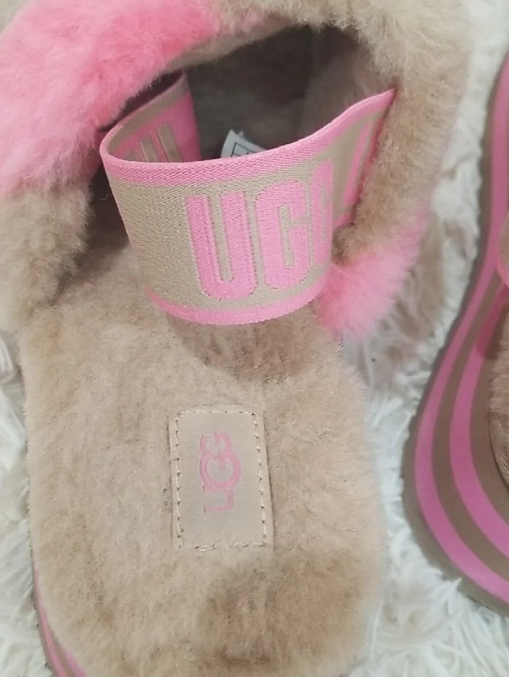 UGG Pink & Beige Fuzzy Platform Slide Sandals